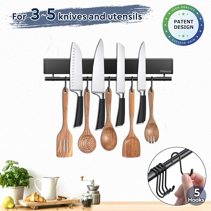 12 Inch Magnetic Knife Holder with 5 Hooks, No Drilling Black Magnetic Strip and Utensil Hanger for Wall - Image 3