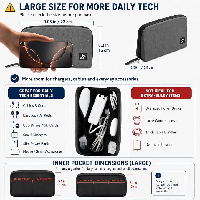 simtoper Electronic Organizer Travel Case – Waterproof Cable Bag for Cord, Charger, Hard Disk, Power Bank – Small Tech Storage for Travel, Backpack, Business Trip, Airplane - Image 3
