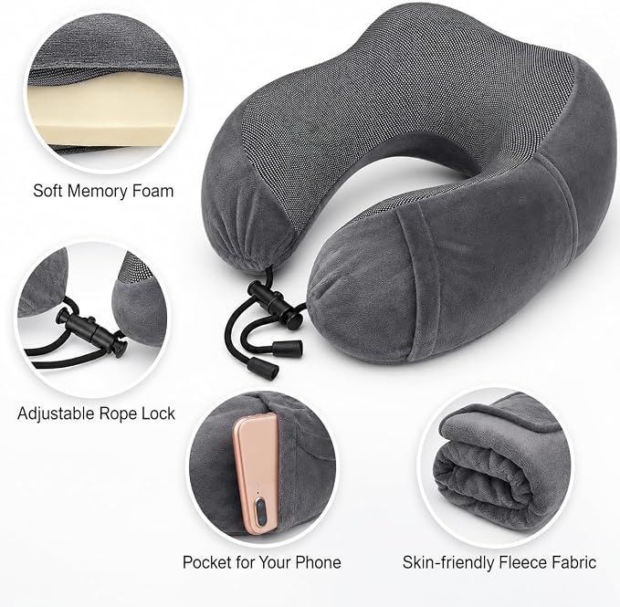 Travel Blanket and Pillow Set - Neck Pillow Airplane Essentials, Dark Grey | Memory Foam, Sleep Mask, Earplugs with Bag, Fleece Soft Comfort for Long Plane Flight Traveling Car Road Trip Flying - Image 4