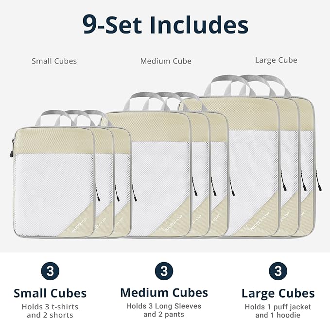 9 Set Compression Packing Cubes for Travel - Compressible, Lightweight, and Space-Saving Packing Cubes, Travel Essentials for Women, Beige - Image 4
