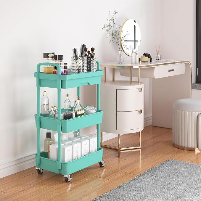 Calmootey 3-Tier Utility Cart with Drawer & Wheels, Storage for Home,Office | Space-Saving Organizer, Sturdy Plastic Shelves, Smooth-Rolling Metal Wheels, Built-in Drawer for Small Items, Green - Image 2