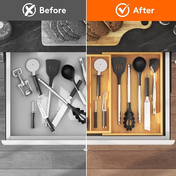 Lifewit Bamboo Utensil Organizer for Kitchen Drawer, Cooking Utensil Tray | Expandable Cutlery Silverware Flatware Holder, Wood Adjustable Spatula Tools Storage Divider, 11.9-21.7 x 15.75", Natural - Image 7