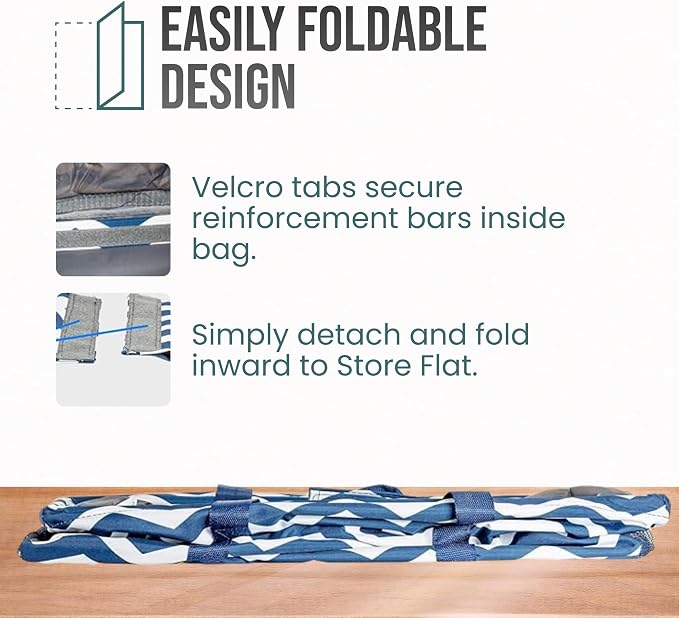 Extra Large Utility Tote Bag, Oversized Collapsible Reusable Wire Frame Rectangular Canvas Basket With Two Exterior Pockets For Beach, Pool, Laundry, Car Trunk, Storage - Chevron Navy - Image 6