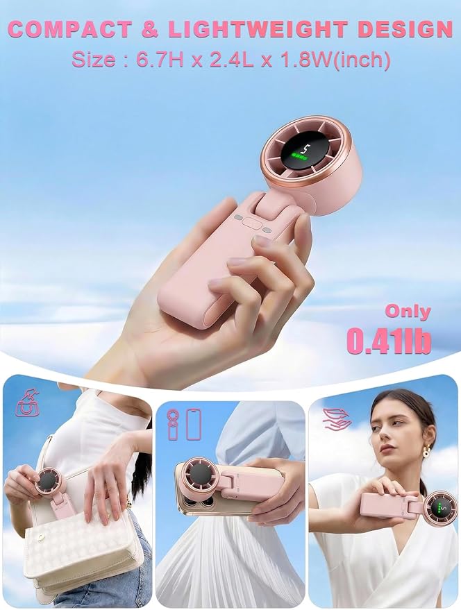 Portable Handheld Turbo Fan, 5 Gear Wind, Battery Operated, Up to 13 Working Hours Rechargeable Fan, 3 IN 1 Hand Fans with Air Turbo Tech Cooling Fan for for Travel, Beach, Outdoor - Pink - Image 7