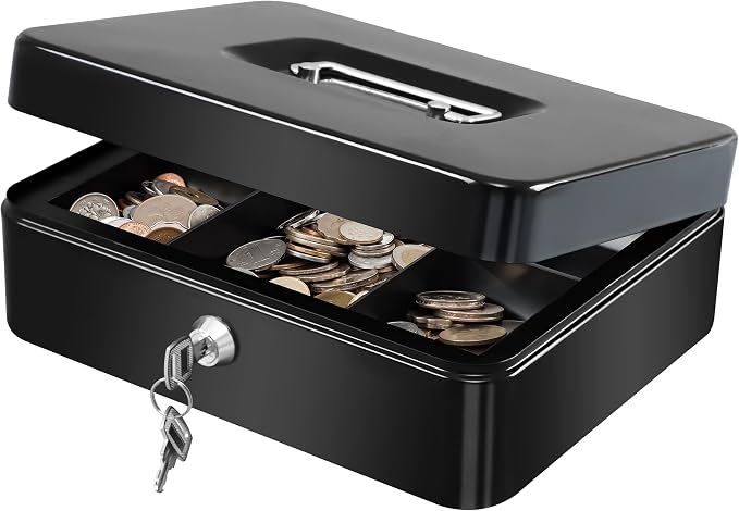 KYODOLED Large Cash Box with Removable Money Tray, Key Lock Metal Storage Box with 2 Keys & Portable Handle, Safe Cash Drawer, 9.84"x 7.87"x 3.54", Black Large by KYODOLED