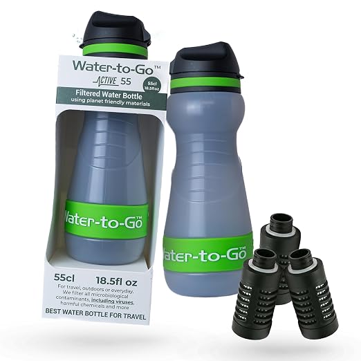 Water-to-Go Small Filter Water Bottle, 18.5oz/55cl Value Bundle | Value Bundle with Three Filters, Nanofiltration, For Travel, BPA-Free Bioplastic by WATERTOGO