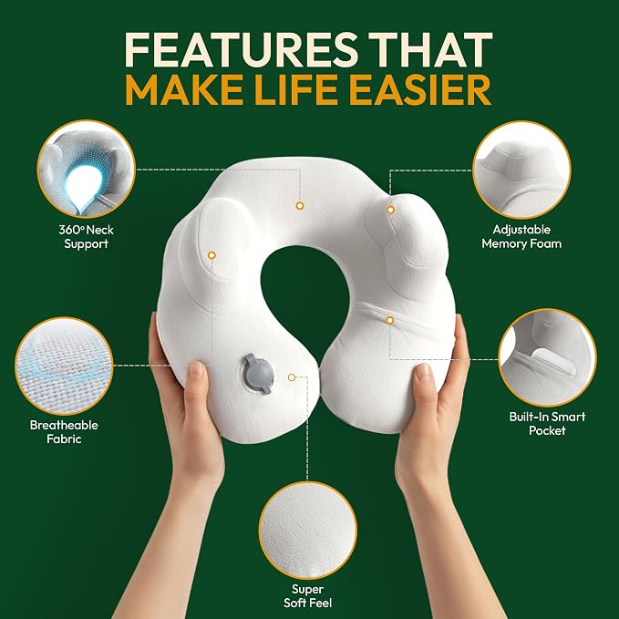 Inflatable Travel Neck Pillow with Adjustable Memory Foam Sides | Lightweight, Soft & Portable Support (Light Gray, Standard) - Image 8