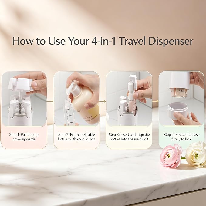 4 in 1 Travel Dispenser Bottle, 30ML Leak Proof Travel Size Toiletries Containers with Labels & Scale, Portable Refillable Travel Bottles for Shampoo Lotion Conditioner Cream, Carry Friendly(1 Green) - Image 6