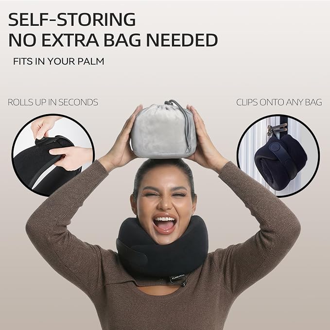 Travel Pillow - Adjustable Memory Foam Neck Pillow for Airplane, 360° Support, Comfortable Ergonomic Travel, Flight, Road Trip, Roll-Up Portable, Breathable Cooling Fabric - Image 4