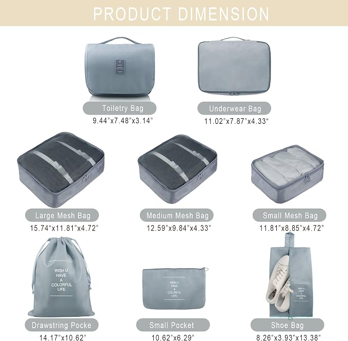 Packing Cubes, 8 Pcs Travel Packing Organizers for Suitcases, Large Capacity Travel Luggage Organizers Set includes 8 Storage Bags for Women or Men (Grey) - Image 2
