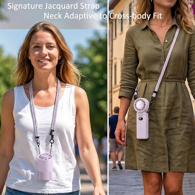 fygurso Personal Portable Clip-on Handheld Fan Rechargeable, Purple | Neck-Crossbody fit lanyard. Detachable clip. 10H battery. LED monitor. 5-Speed from 30dB low noise to 10000rpm blast. - Image 5