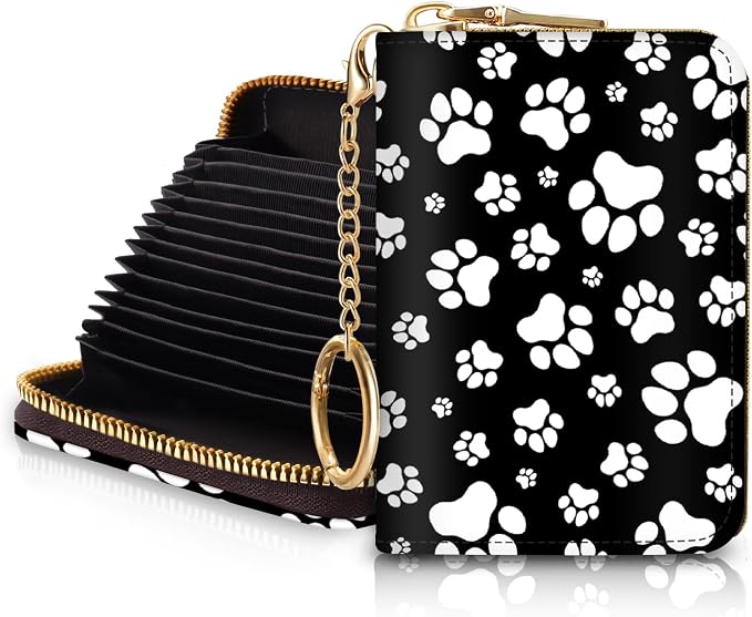 Blusabaca RFID Credit Card Holder Small Women Travel Wallet, Black Dog Paw | Removable Keychain, Case with Zipper, Vegan PU Leather, Cash Coin Pocket, Business Accordion Purse, Ladies Female Gift by Blusabaca