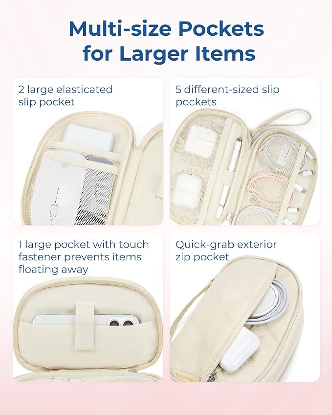 BAGSMART Travel Cord Organizer Electronics Case, Double Layers Puffer Cable Organizer Bag Travel Essentials for Women, Tech Organizer Case for Charger, Phone, Flash Drive - Beige - Image 3