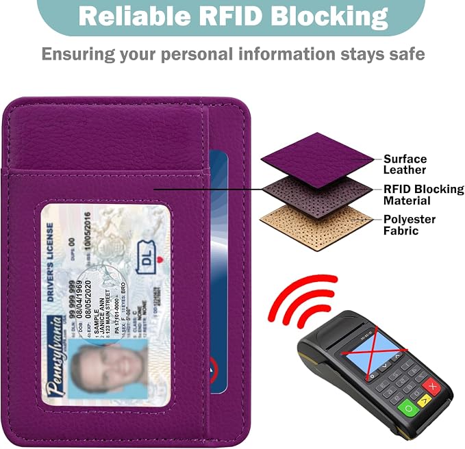 HOTCOOL Slim Wallet for Men, Minimalist Front Pocket Simple Leather Credit Card Holder RFID Blocking for Men & Women, Thin Organizer Gifts, Litchi - Grape Purple - Image 4