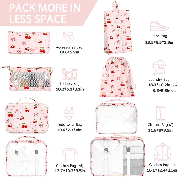 KPX 8 Set Packing Cubes for Travel, Luggage Packing Organizers Accessories Large Toiletries Bag for Clothes Shoes Cosmetics (8Set-Cherry & Bow) - Image 2