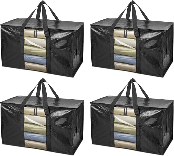 BALEINE 4-Pack Oversized Moving Bags with Reinforced Handles, Heavy-Duty Storage Tote Moving Supplies for Packaging, Camping (Black w/Window, 4-Pack) by BALEINE