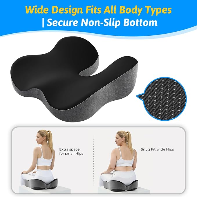 Seat Cushion for Tailbone & Sciatica Pain Relief | Certified & Ergonomist-Designed,Tapered Front Edge Reduces Thigh Pressure,Wide Memory Foam for Office Chair, Car, Wheelchair - Image 7