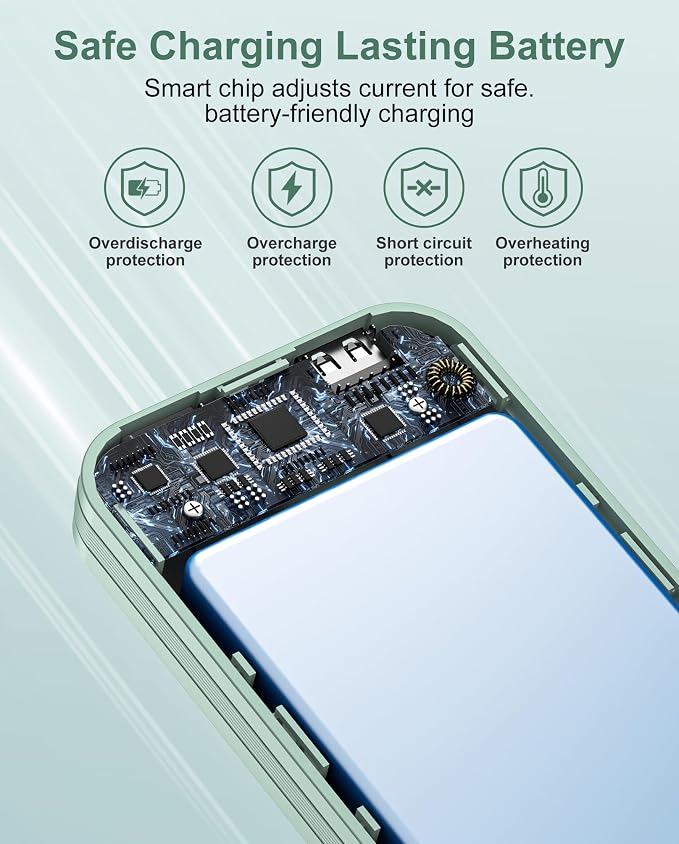 citicr Portable Charger 10000mAh PD20W w/Built-in Cables & Wall Plug Green | Fast charging, Built-in wall plug, LED display, Charge 5 devices at once, Pass through charging, TSA approved, Pocket size - Image 6