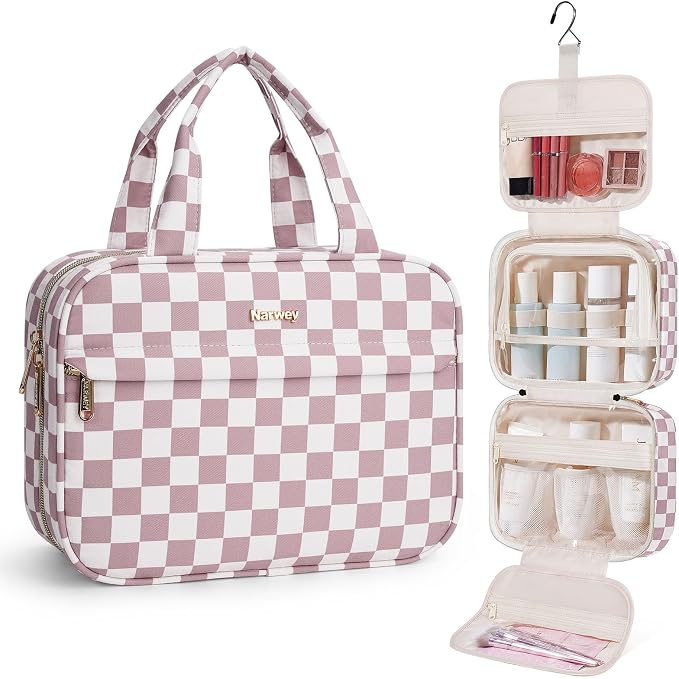Narwey Hanging Toiletry Bag for Women Checkered Travel Makeup Bag Organizer Cosmetic Make up Toiletries Bag for Travel Essentials Accessories (Dusty Pink Checkerboard, Medium) by Narwey