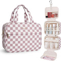 Narwey Hanging Toiletry Bag for Women Checkered Travel Makeup Bag Organizer Cosmetic Make up Toiletries Bag for Travel Essentials Accessories (Dusty Pink Checkerboard, Medium) by Narwey