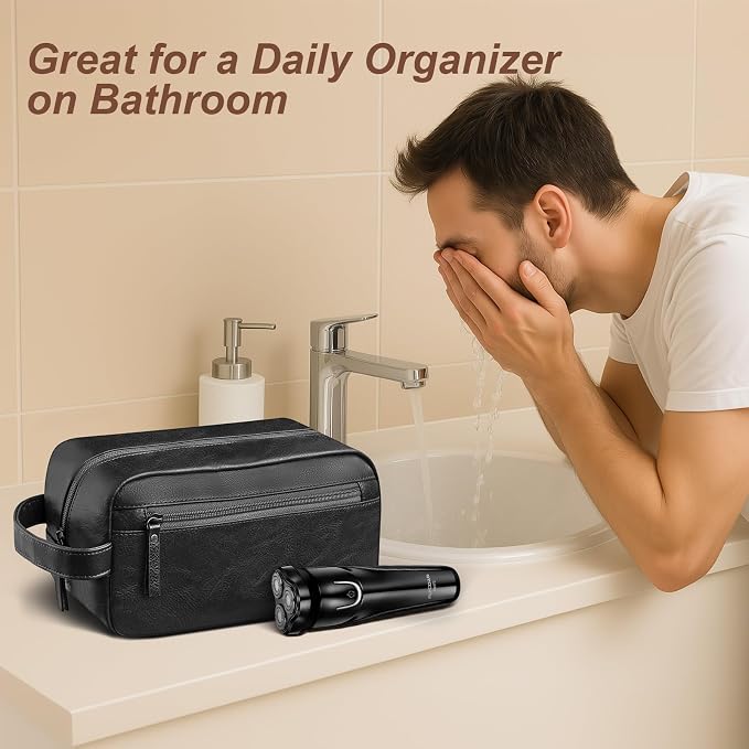 Travel Toiletry Bag for Men and Women, Travel Shaving Dopp Kit Water-resistant Bathroom Toiletries Organizer PU Leather Cosmetic Bags (Black) - Image 5