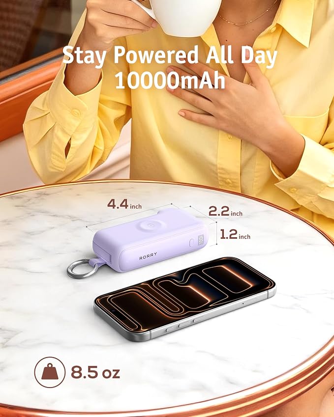 RORRY Flow Portable Charger 10000mAh 40W Wall Plug Power Bank Battery Pack | Built-in USB-C Cable, Keychain Design, Fast Charging, for iPhone 17/16/15, Apple Watch, iPad, 3-in-1, Travel Essential - Image 7