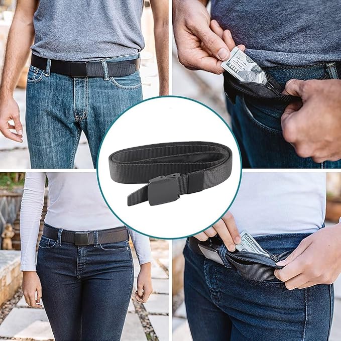 Travel Security Money Belt with Hidden Money Compartment Pocket, Cashsafe Anti Theft Wallet Non Metal Buckle Unisex Nylon Belt, Money Belt for Men Security Belt (Black) - Image 2