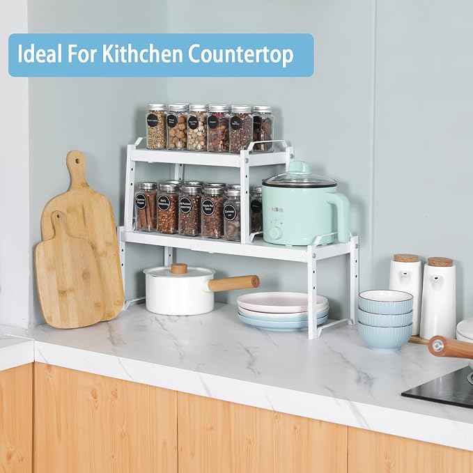 Set of 2 Expandable Kitchen Cabinet Shelves Organizers, Stackable Adjustable Small Storage Shelf Rack Stand For Pantry Cabinet Cupboard Kitchen Counter Organization, 22 lbs Capacity, Length:20.5" - Image 7