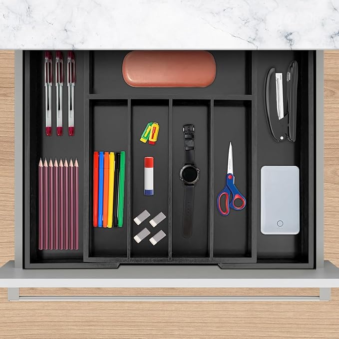 VaeFae Bamboo Drawer Organizer, Medium, Black | Wooden Utensil Holder for Forks Knives, 38 cm D x 29.2-45.7 cm W, 5-7 Slots, Black - Image 6