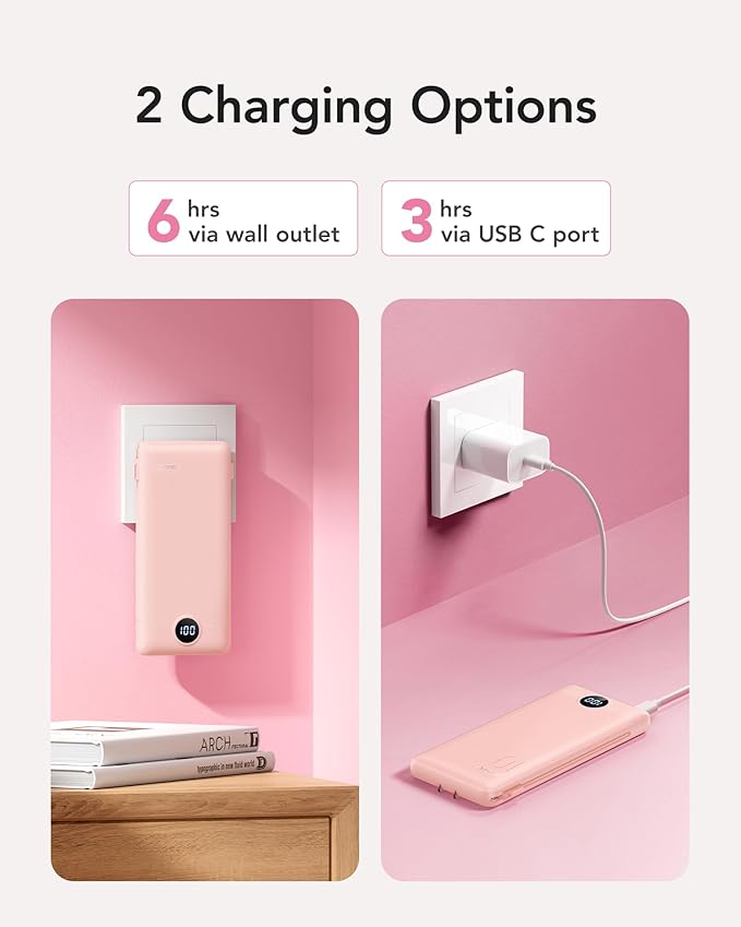 VRURC 22.5W Portable Charger 10000mAh Fast Charging with Built-in AC Plug | powe bank battery pack, travel essentials for women,USB C cable, Ultra Slim,pocket size Pink - Image 4
