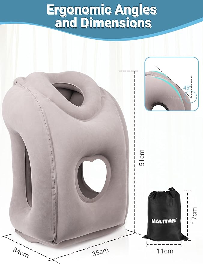Maliton Inflatable Travel Pillow for Airplane Comfortable Sleeping, (Grey) | Relieve Neck & Shoulder Pain, Support Head Inflatable Pillow for Long Flights,Used for Airplanes, Cars, Trains, Office - Image 6
