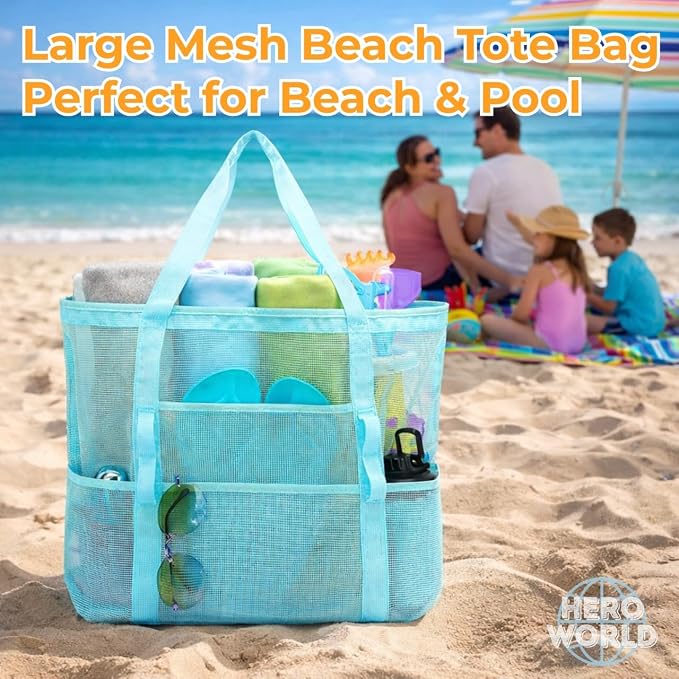 Mesh Beach Tote Bag Large Capacity Pool Gym Laundry Tote Foldable with Pockets Lightweight Travel Bag - Image 2