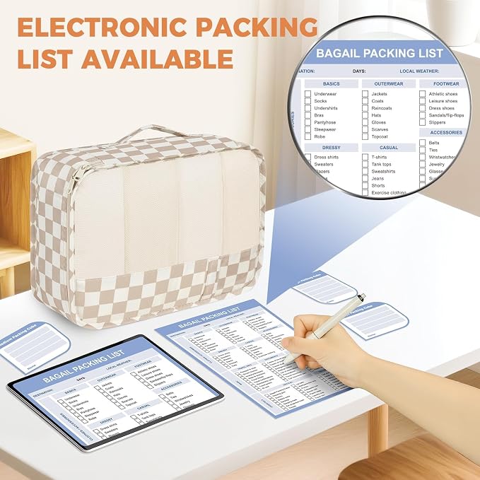 BAGAIL 9 Set Packing Cubes with Packing List Luggage Packing Organizers for Travel Accessories (Khaki checkered) - Image 4