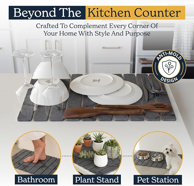 Oleex 3-Pack Stone Dish Drying Mat Set Includes 1 Large 24”x16” & 2 Small 4”x9” for Kitchen Counter-Collapsible Diatomaceous Earth Pad Absorbs Water & Dries Dishes Fast, Non-slip, Odor-Resistant Mats - Image 6