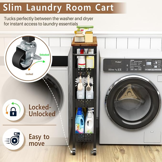 Slim Storage Cart with Wheels, 4 Tier Metal Rolling Organizer with Wood Top and Handle, Narrow Utility Shelf for Kitchen Bathroom Laundry Room, Black - Image 2