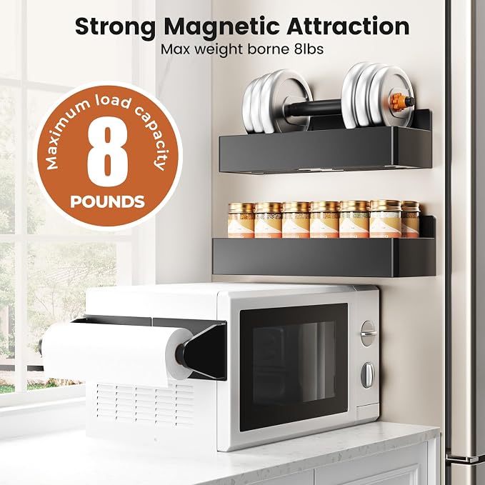 Magnetic Spice Rack for Refrigerator,4 Pack Magnetic Shelf,Fridge Magnet Organizer with Paper Towel Holder and Utensils Racks,Fridge Organizers and Storage Black(4 Pack) - Image 2