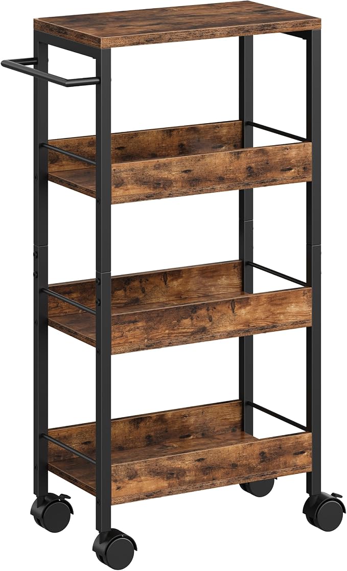 4-Tier Slim Storage Cart, 9.1'' Kitchen Serving Trolley, Slim Rolling Cart with Handle and Guard Rails, Slim Cabinet for Small Spaces, for Dining Room, Rustic Brown and Black TTC03BF - Image 8