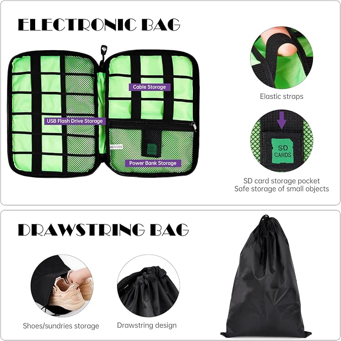 NiHome 7PCS Compression Packing Cube Set Expandable Mesh Travel Bag Luggage Organizers with Electronic Cable Cord Charger Organizer Drawstring Bag for Trip Home Storage Travel Gear Accessories - Image 6