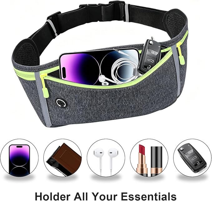 Slim Running Belt for Women Men,Runners Fanny Pack Phone Holder,Money Belt,Running Gear Accessories,with 3 Pockets (Green-flaxen) - Image 3