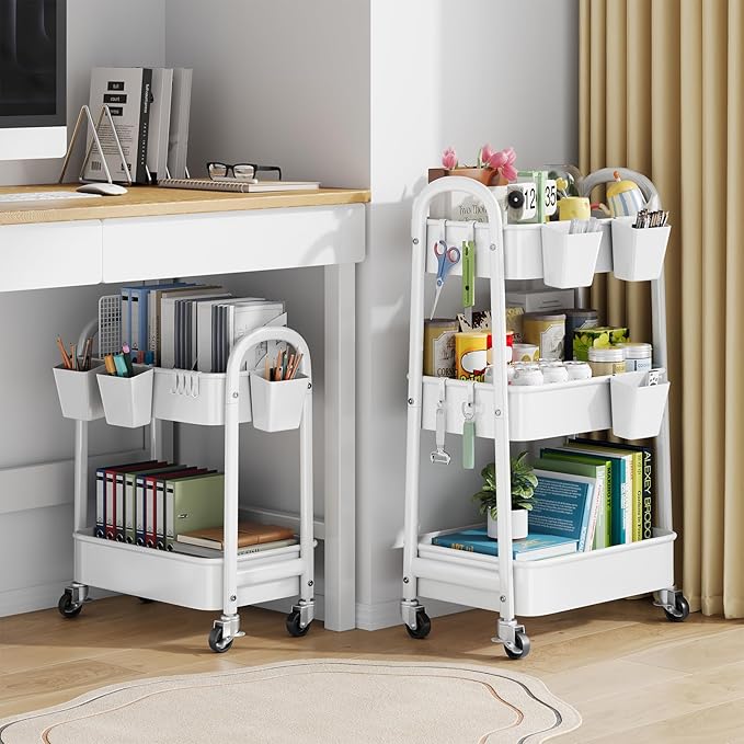 2 Tier Rolling Cart Metal with Wheels,White Under Desk Storage Roller Carts | Two Tiered Short Shelf Trolley, Small Utility Organizer Caddy on Wheels for Dorm, Bathroom, Craft, Art, Baby, Pantry, Snack - Image 5
