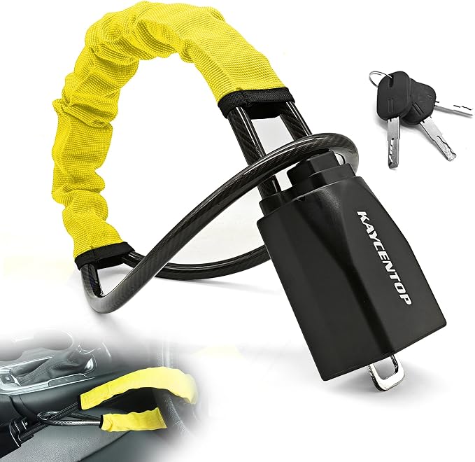 KAYCENTOP Car Steering Wheel Lock, Seat Belt Lock, Anti-Theft Device, Max 17 Inch Length, Small and Light-Weight, Multi-Functional, Fit Most Vehicle, SUV, Golf Cart Security (Yellow) by KAYCENTOP