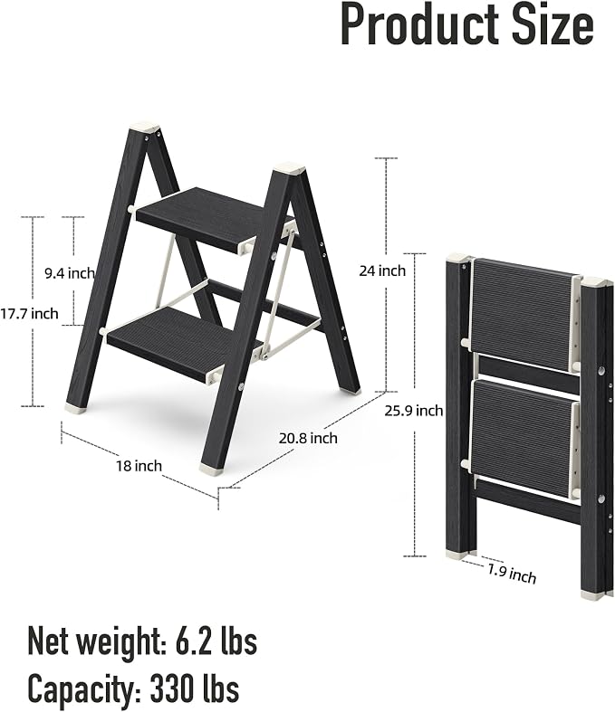 Mayi Plus 2 Step Stool Foldable, Aluminum, Lightweight Step Ladder | Extra-wide anti-slip folding steps with 330 lbs, for home,kitchen,office,outdoor,Ebony woodgrain - Image 6
