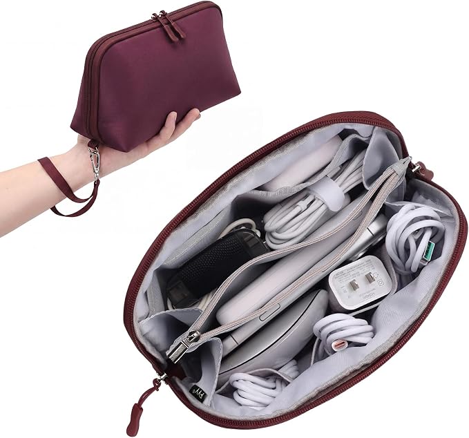 FYY Travel Cable Organizer - 8 Compartments, Lightweight, Water Repellent | With Wrist Strap, Portable Tech Pouch for Cord Charger, Travel and Business Trips Use, Soft Shell Nylon, Wine Red (Large) by FYY