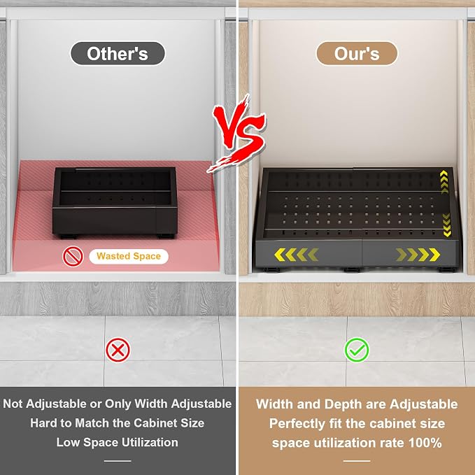 Fokyfok Pull out Cabinet Organizer,14"-21"W,17"-24"D,Expandable,Adhesive | No Drill,3 Rails,Adjustable Slide out Drawers for Kitchen,Pantry,Roll out Shelves,for Cabinets Without Lip,Bathroom,Black,1PC - Image 3