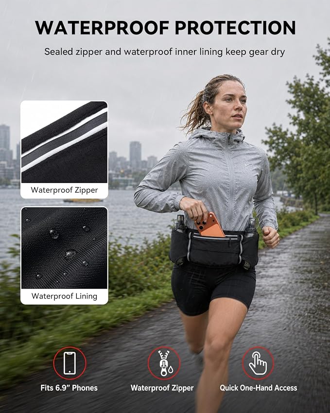 UTOBEST Running Hydration Belt with 2 Soft Flasks, 6-Pocket Waist Pack B5 | 2×200ml Soft Flasks, Waterproof Phone Pocket, Fits Phones Up to 6.9", Reflective Trim, Bib Clip for Race, Marathons, Training - Image 4