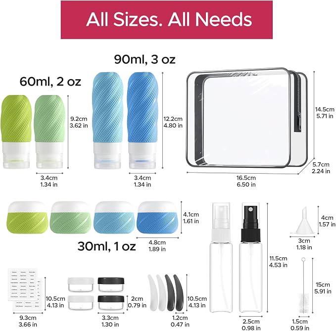 LitBear 23 Pack TSA Approved Travel Bottles for Toiletries, Leak Proof | 3 oz Refillable Travel Size Containers Kit with Silicone Squeezable Bottles Jars for Shampoo Lotion Conditioner, in Clear Bag - Image 9
