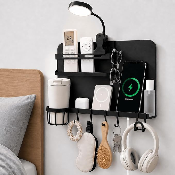 Metal Bedside Wall Shelf,【No Drill】 Wall Organizer for Dorm Teen Room Decor | Floating Bedside Shelf Wall Mount Nightstand for Bedroom, Loft Bed, Bunk Bed, Small Room Stuff, Teen Girl, RV Shelves, Dorm by Yaztops