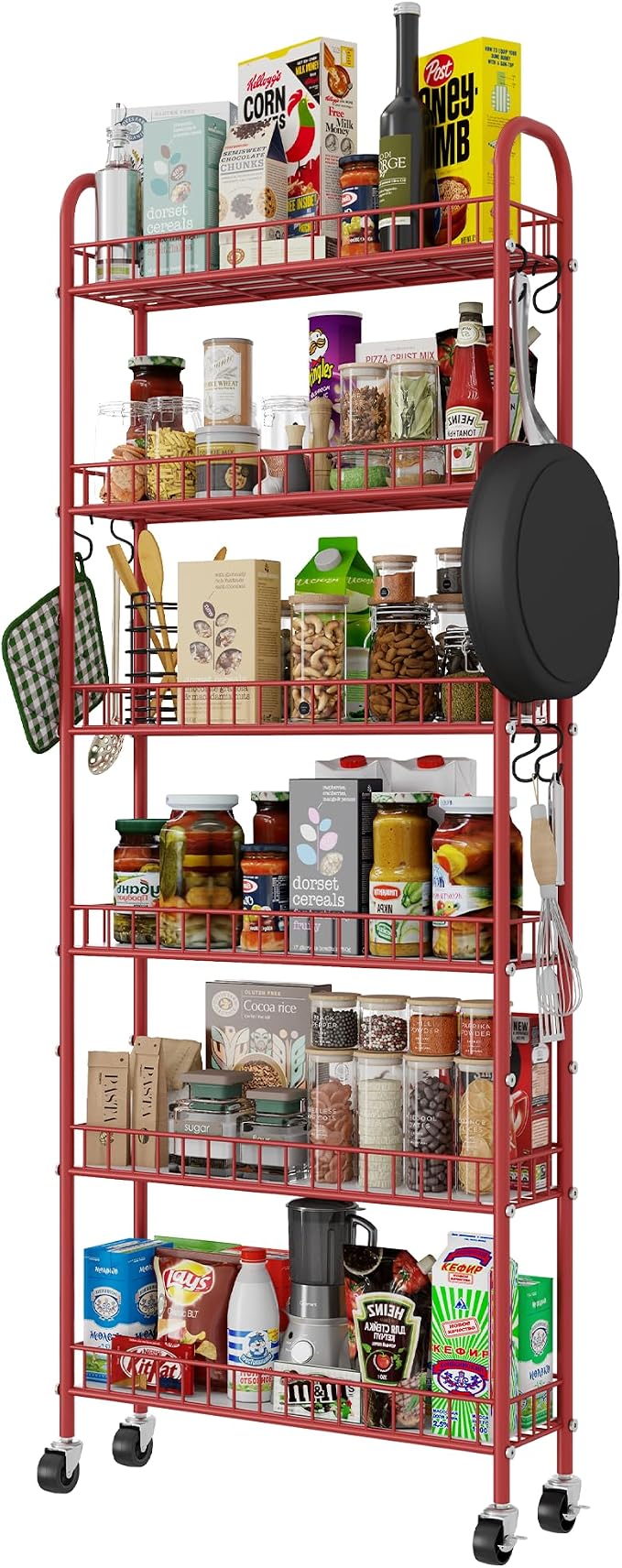 Slim Rolling Storage Cart 6 Tier, Metal Kitchen Rolling Utility Cart with Lockable Wheels for Kitchen, Bathroom, Office, Laundry Room, Small Narrow Spaces (Red 6 Inches) by Qiaoxuan