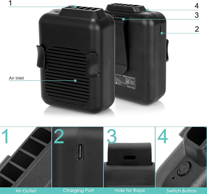 Portable Mini Waist Fan Clip on Belt, 6000mAh Rechargeable Battery Powered Wearable Body Fan With Max 23H Working Time, 3 Speeds, 5100RPM Strong Airflow for Jobsite Farm Fishing Gardening Camping - Image 6