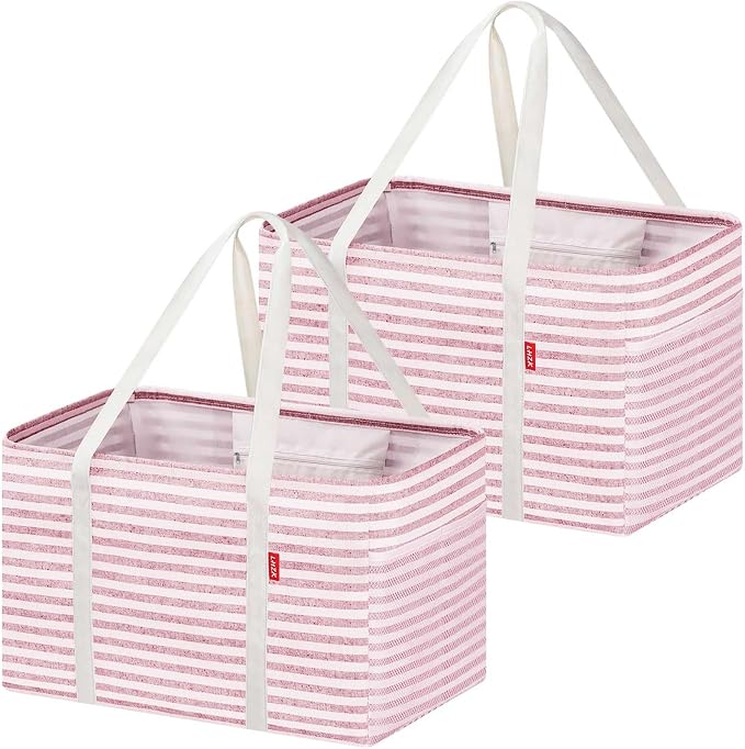 LHZK 2 Pack Utility Tote Bag with Metal Wire Frame and the Sides Rinforced, Large Tote Bag with Handle, Reusable Grocery Bags Foldable, Beach Bag, Car Tote (Pink, 18.5''x11.8''x11.5'') by LHZK